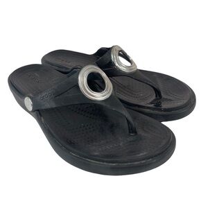Crocs Sanrah Black Low Wedge Silver Disc Flip Flop Sandal Slide Size 5 Summer